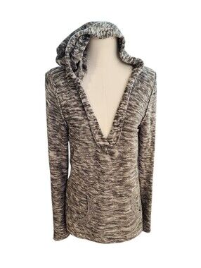 Roxy Vintage Gray and Black Marled Pocketed V-neck Hoodie Sweater Size Large